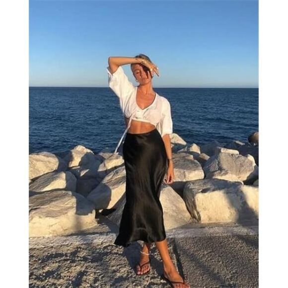 Womens Satin Skirts Zipper Elegant Black - Picture 2 of 5